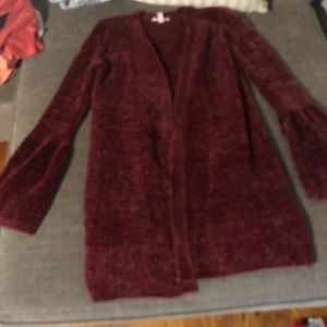 Red chenille cardigan with bell sleeves